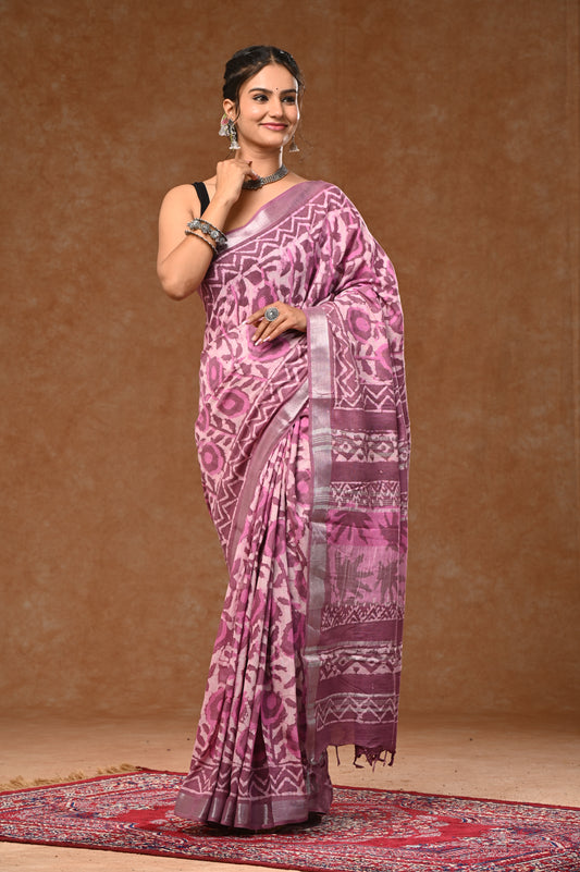 Lilen Cotton Slub Saree With Bloues Dabu Hand Block Prints