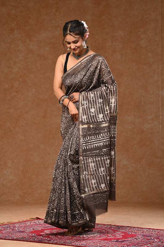 PURE CHANDERI SILK SAREE BAGRU WOOD BLOCK PRINTED SAREEE