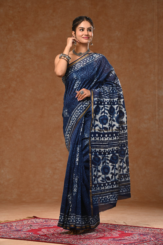 Chandri Silk Saree With Bloues Indigo Dabu Hand Block Prints