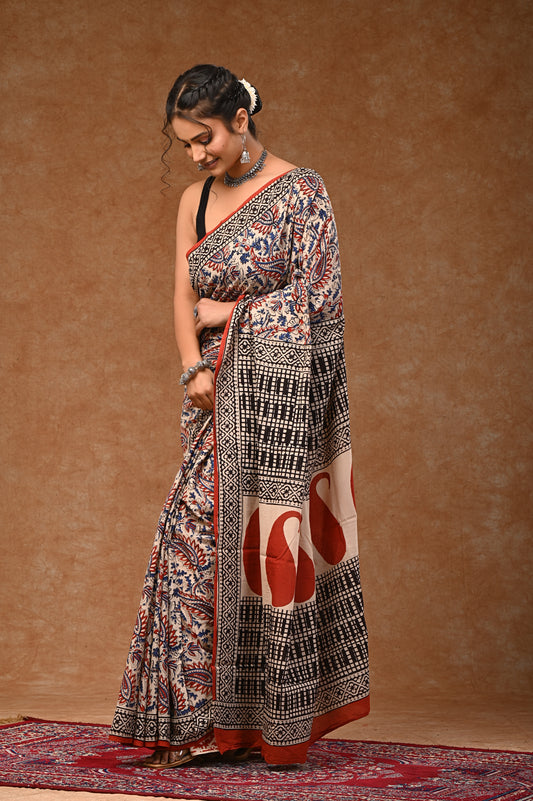 Cotton Saree With Bloues Pure Kalmkari bagru desing