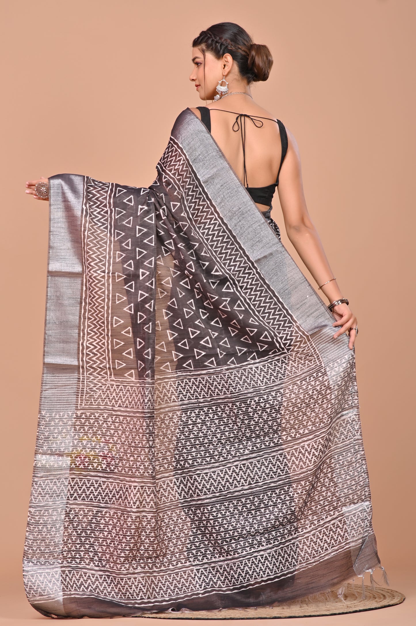 Tissue Silk Saree Silver Zari Broder Soft Hand Block Print Block/Whait