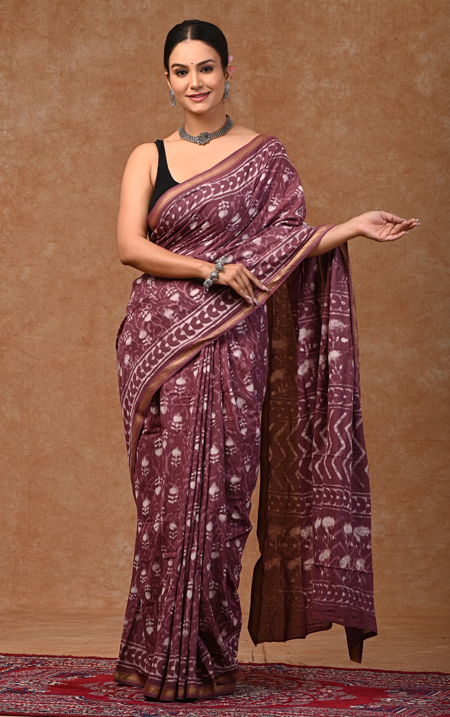 Bagru hand block printed Pure MUL COTTON ZARI SAREE WITH BLOUSE