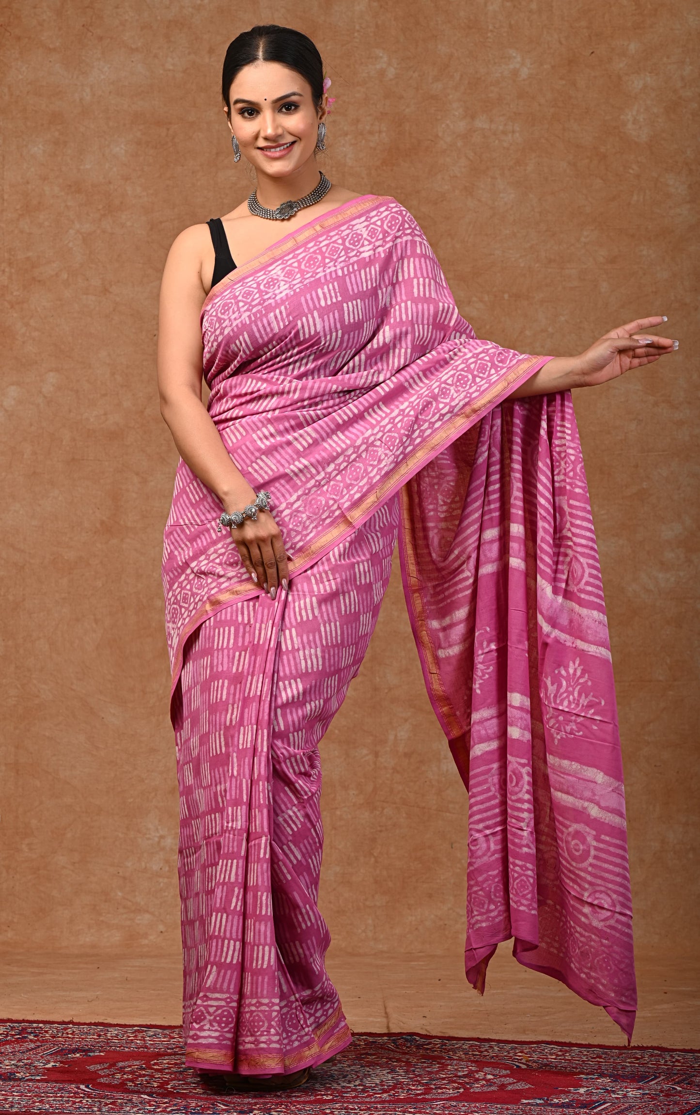 Bagru hand block printed Pure MUL COTTON ZARI SAREE WITH BLOUSE
