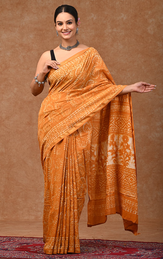 Bagru hand block printed Pure MUL COTTON ZARI SAREE WITH BLOUSE