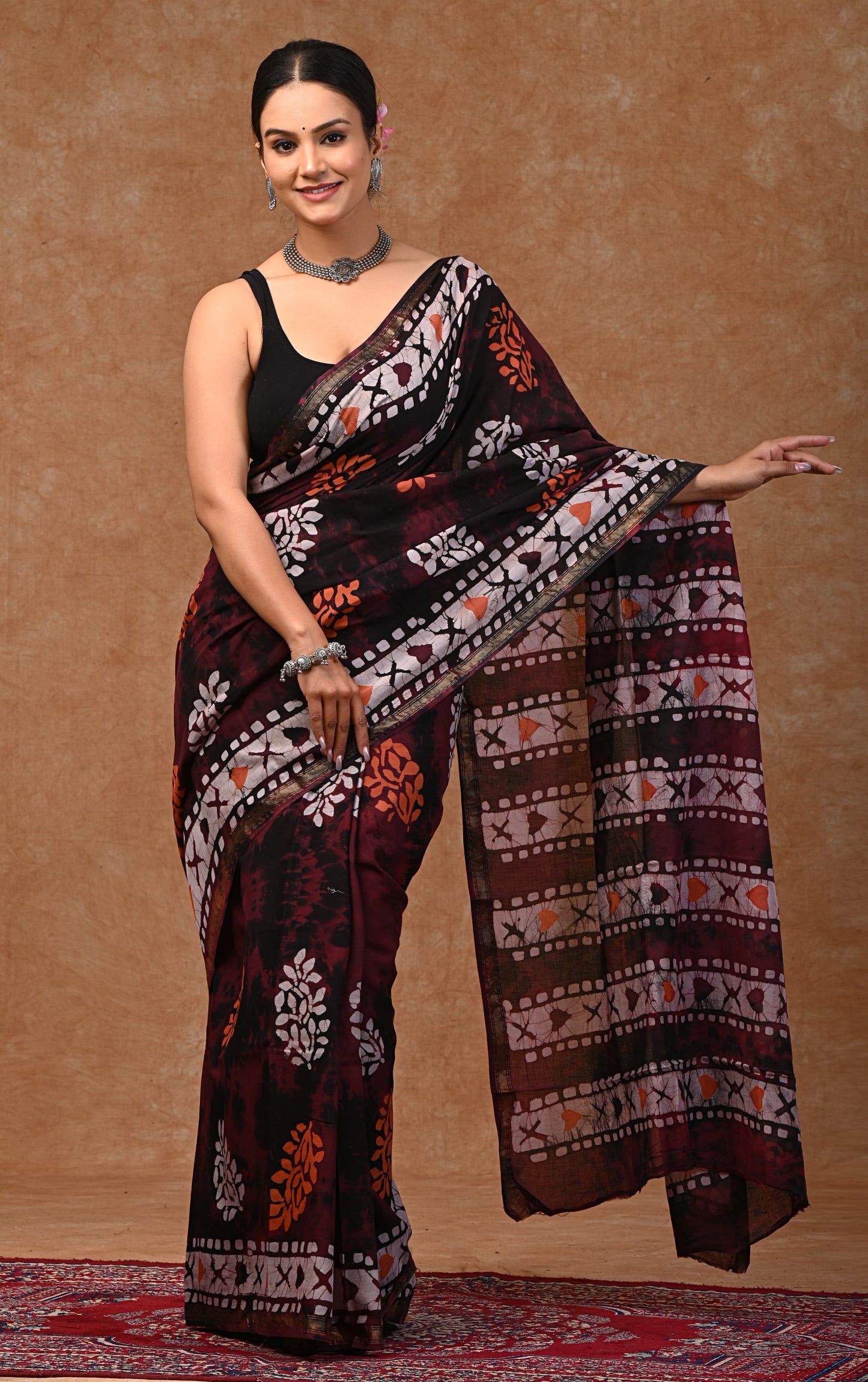 Bagru hand block printed Pure MUL COTTON ZARI SAREE WITH BLOUSE