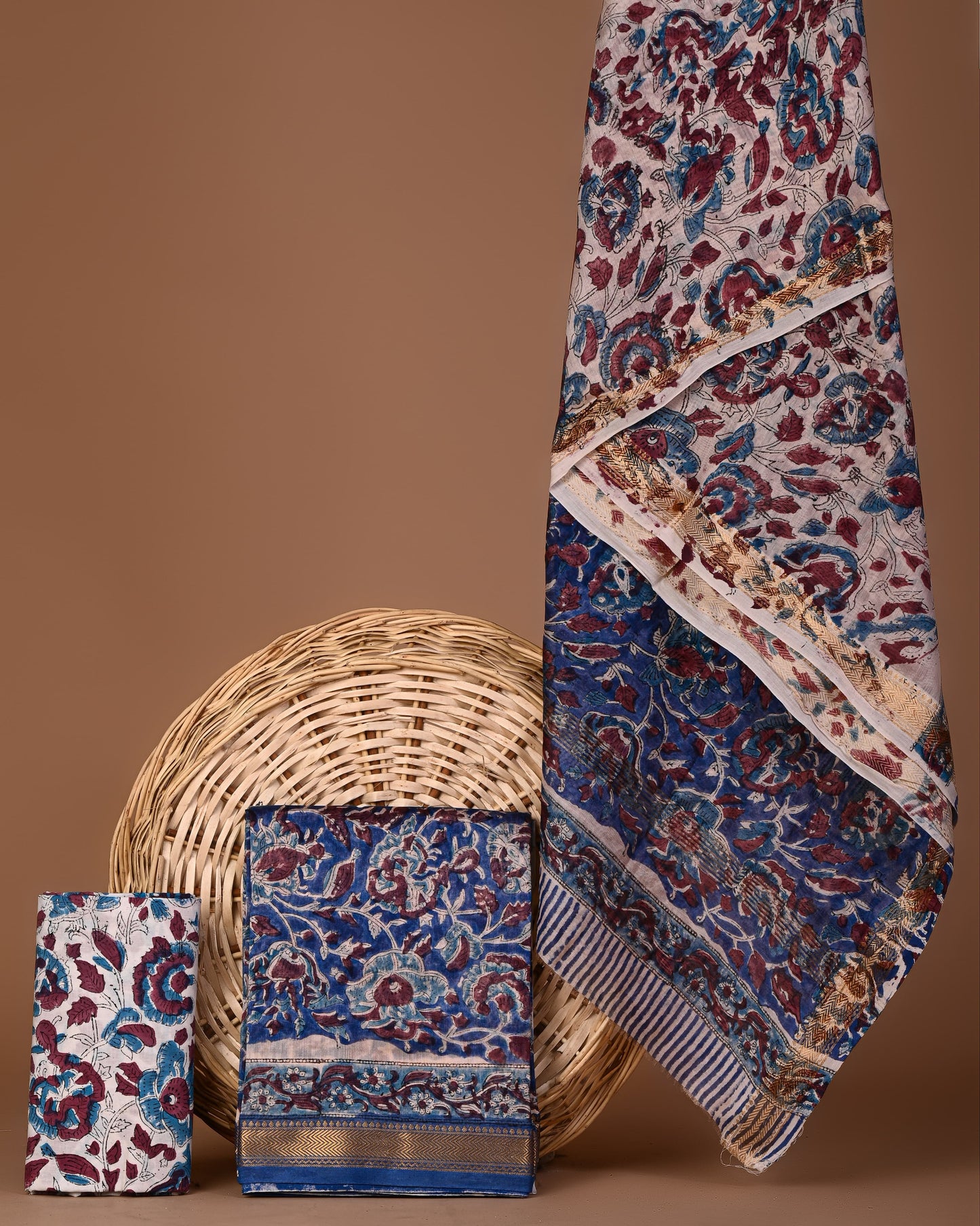 Hand block printed suits with maheshwari silk Dupatta