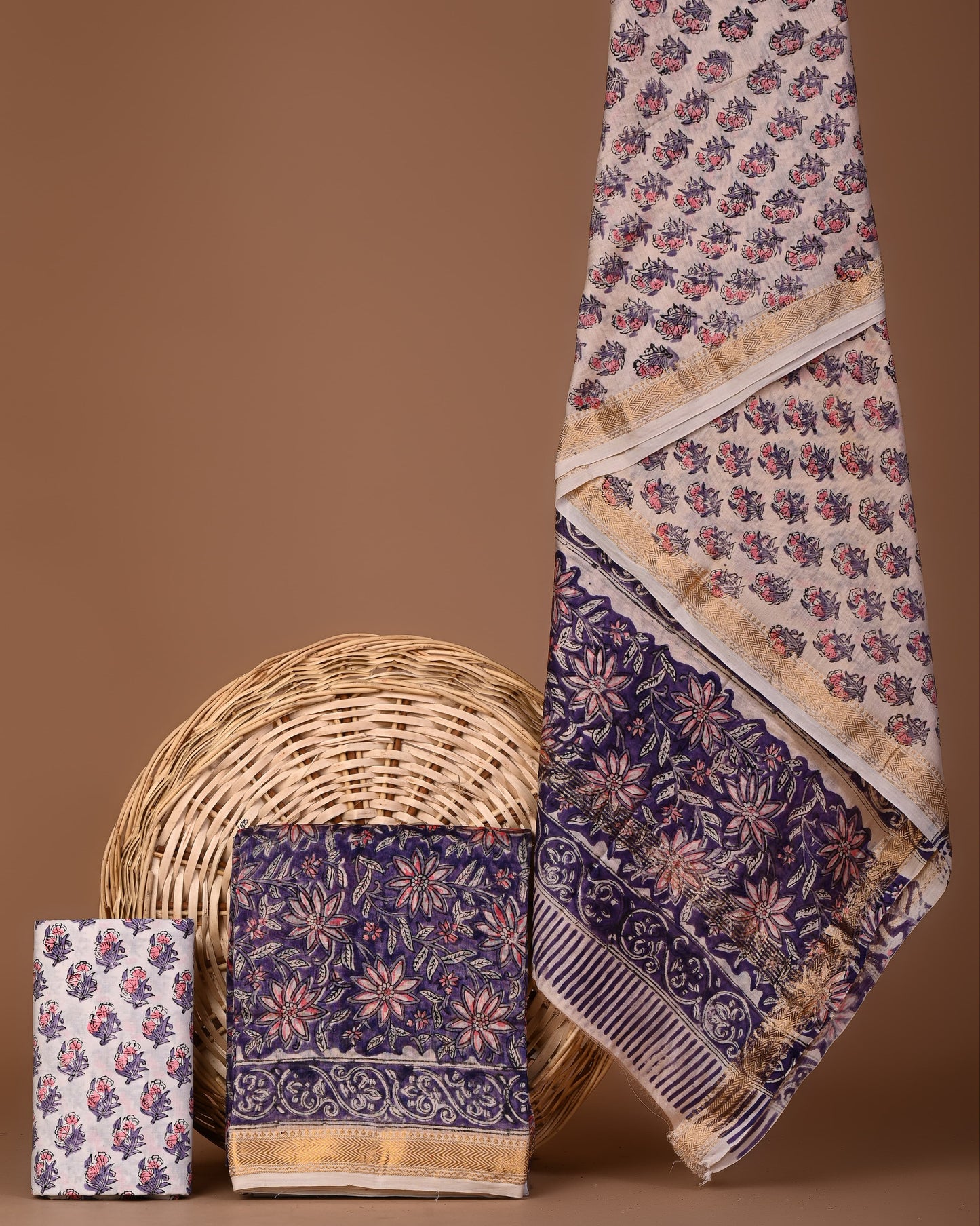 Hand block printed suits with maheshwari silk Dupatta