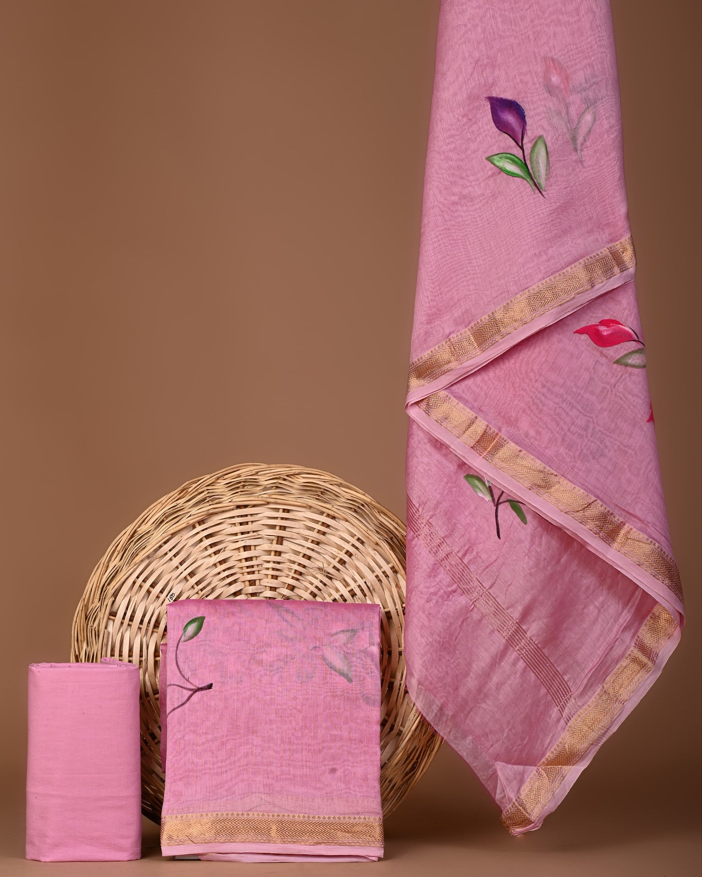 Hand block printed suits with maheshwari silk Dupatta