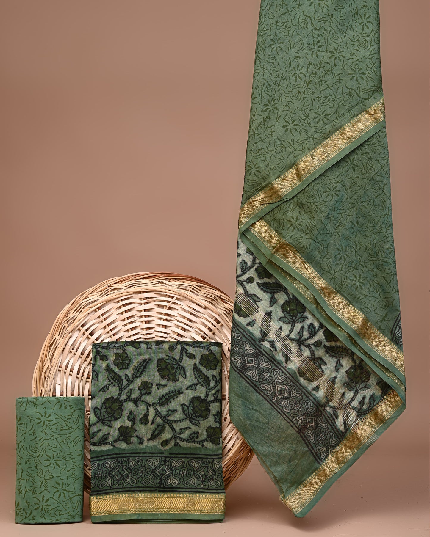Hand block printed suits with maheshwari silk Dupatta