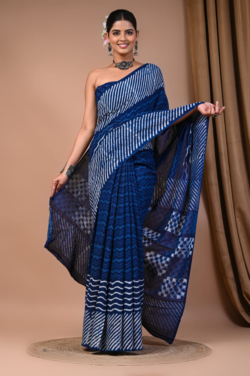 Natural Indigo Block Print Cotton Saree with Blouse – Handcrafted Elegance