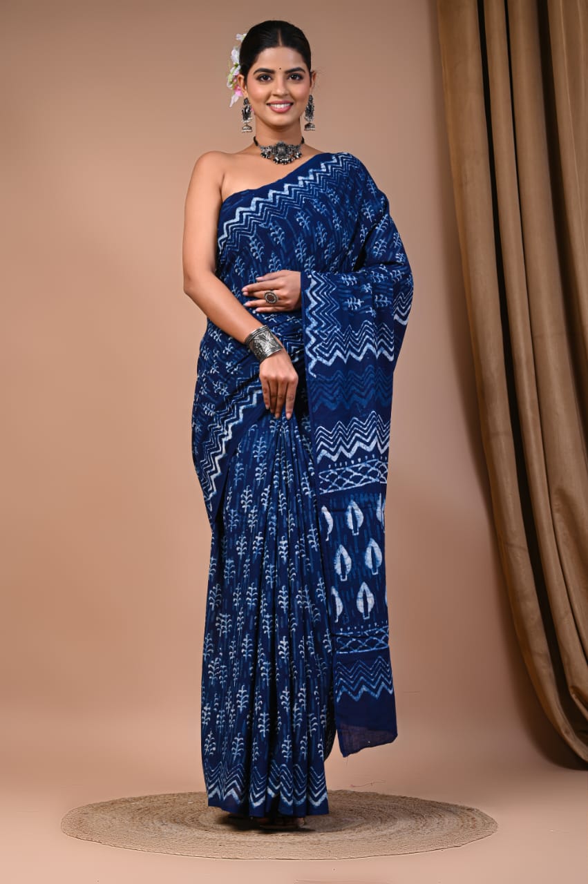 Natural Indigo Block Print Cotton Saree with Blouse – Handcrafted Elegance