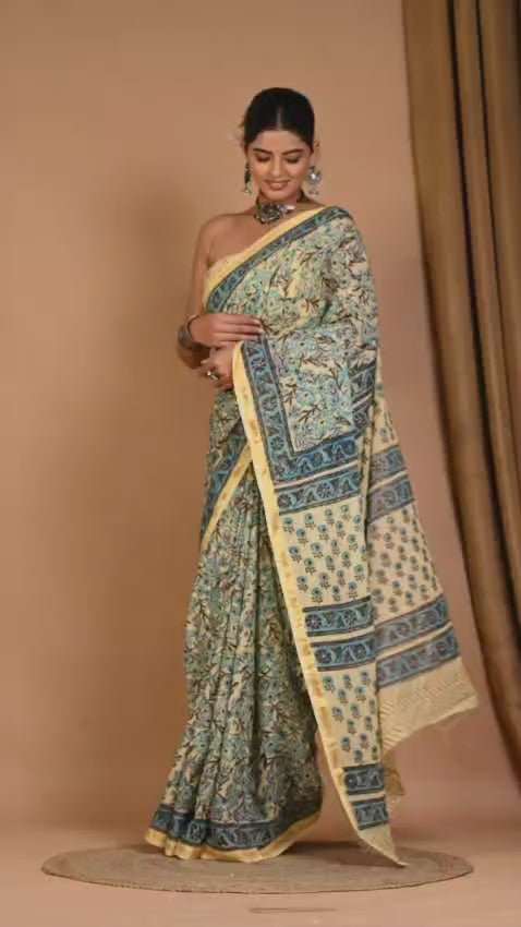 Bagru hand block printed MUL COTTON ZARI SAREE WITH BLOUSE