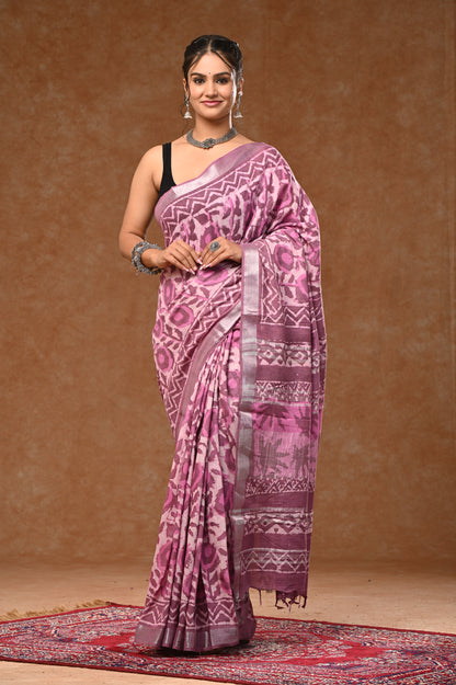 Lilen Cotton Slub Saree With Bloues Dabu Hand Block Prints