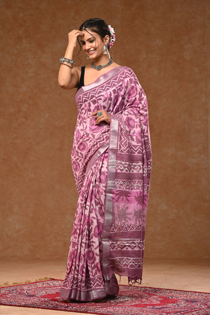 Lilen Cotton Slub Saree With Bloues Dabu Hand Block Prints