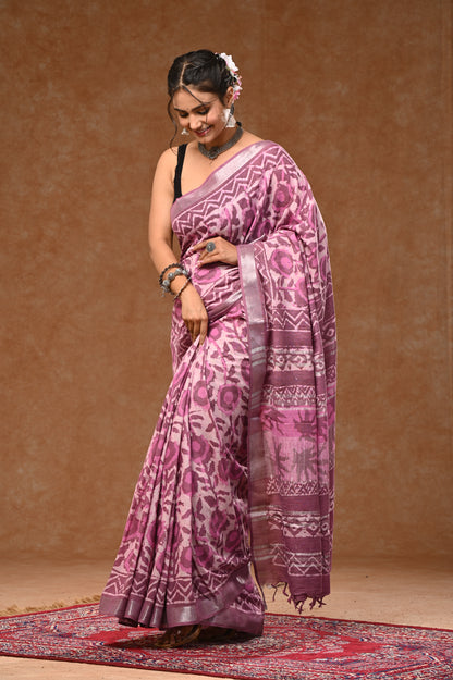 Lilen Cotton Slub Saree With Bloues Dabu Hand Block Prints