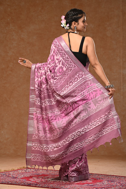 Lilen Cotton Slub Saree With Bloues Dabu Hand Block Prints