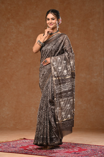 PURE CHANDERI SILK SAREE BAGRU WOOD BLOCK PRINTED SAREEE