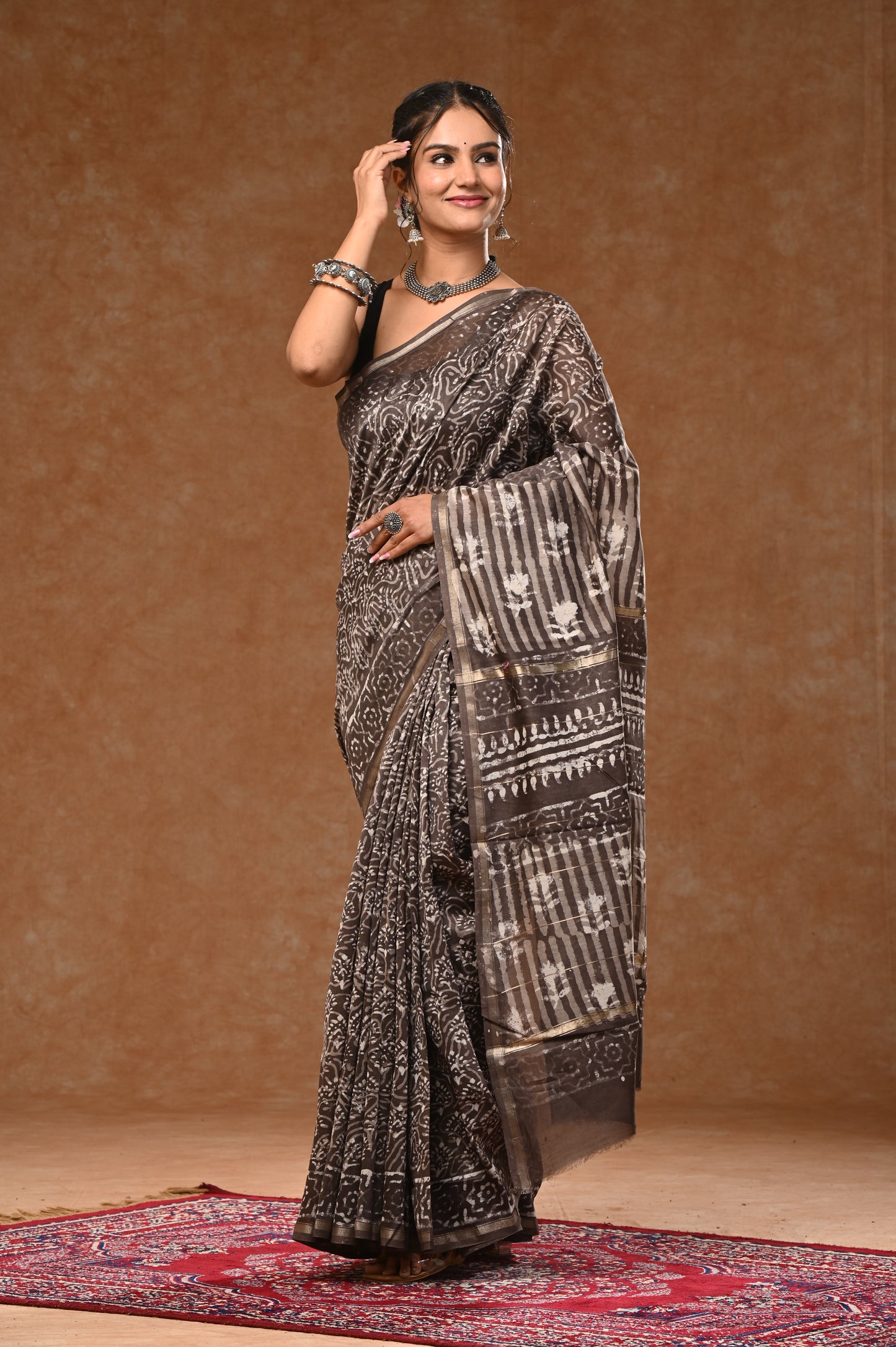 PURE CHANDERI SILK SAREE BAGRU WOOD BLOCK PRINTED SAREEE
