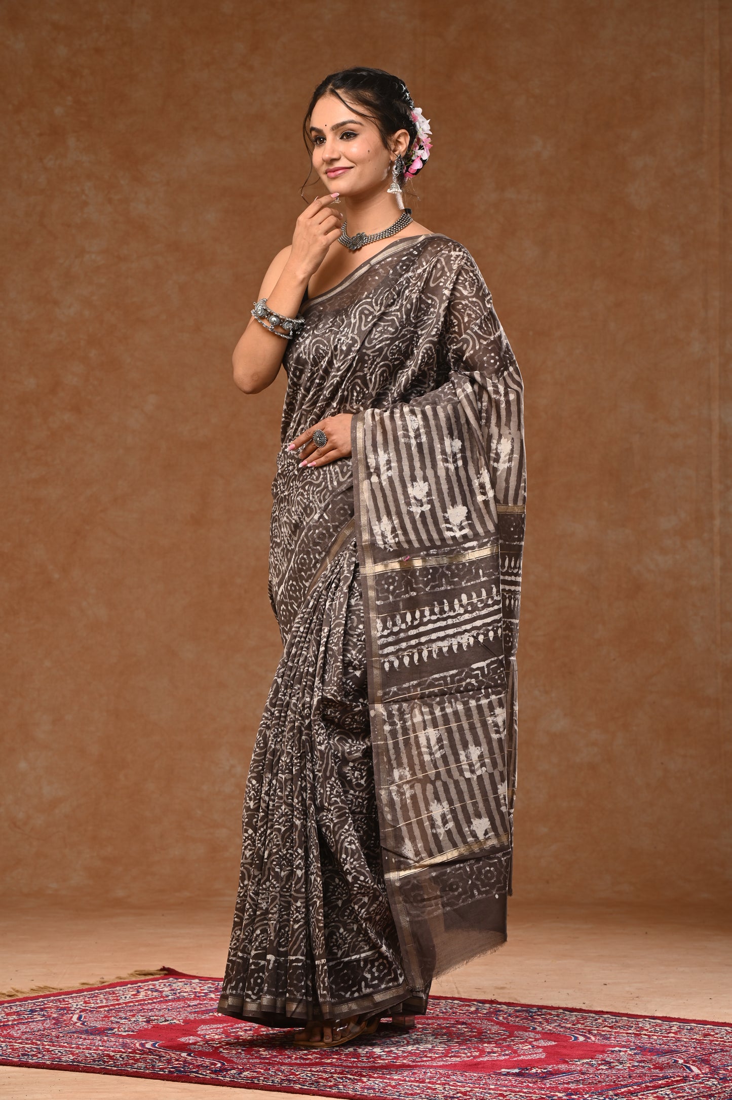PURE CHANDERI SILK SAREE BAGRU WOOD BLOCK PRINTED SAREEE