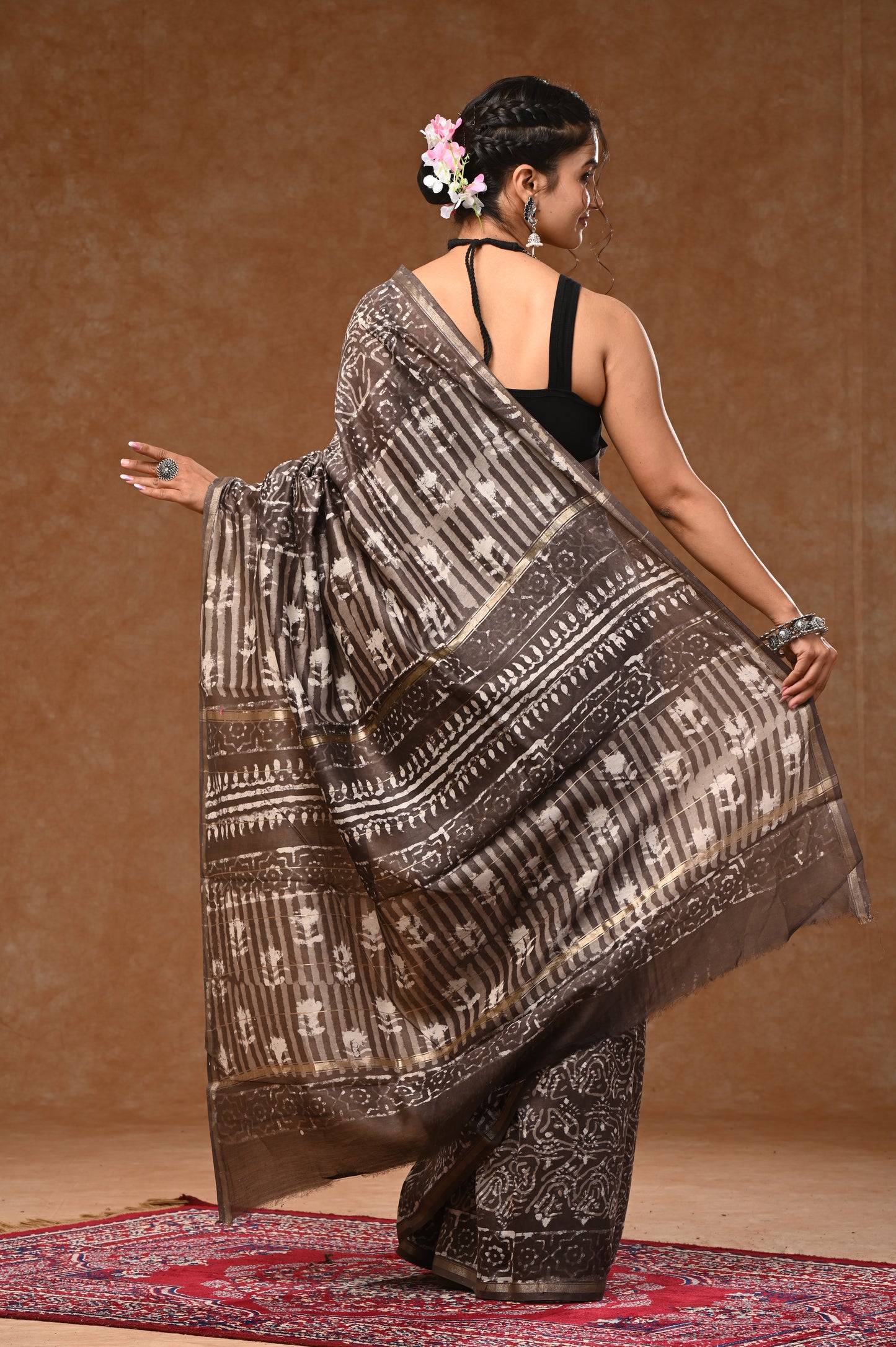 PURE CHANDERI SILK SAREE BAGRU WOOD BLOCK PRINTED SAREEE