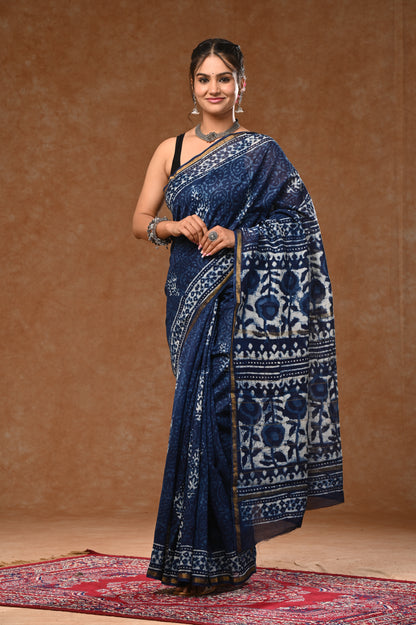 Chandri Silk Saree With Bloues Indigo Dabu Hand Block Prints