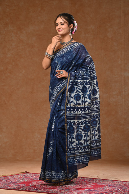 Chandri Silk Saree With Bloues Indigo Dabu Hand Block Prints