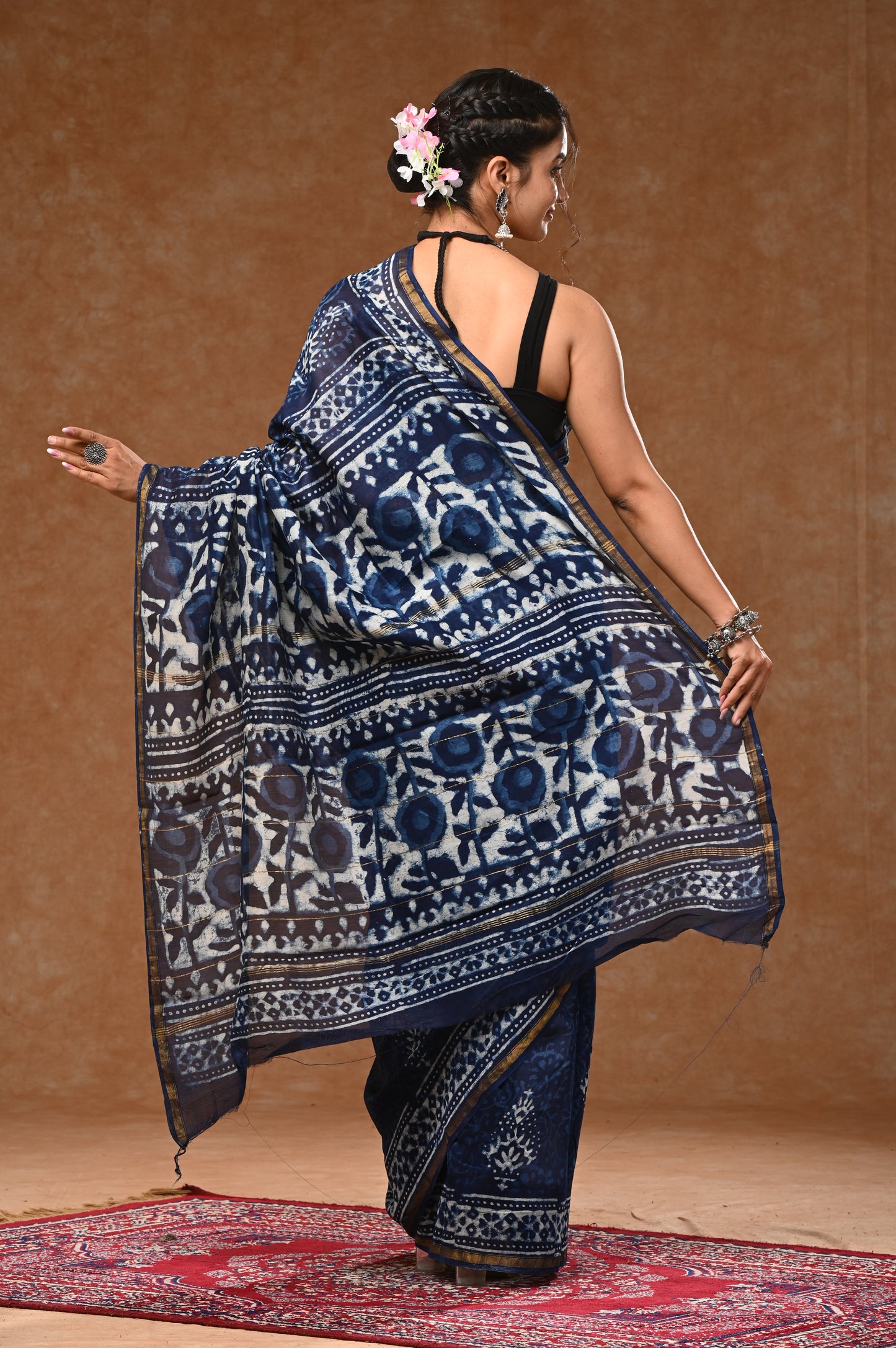 Chandri Silk Saree With Bloues Indigo Dabu Hand Block Prints