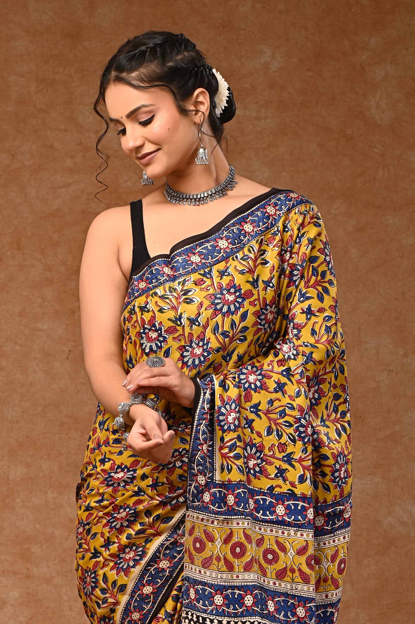 Modal Silk sarees with Bagru traditional hand-block prints that include matching blouse pieces