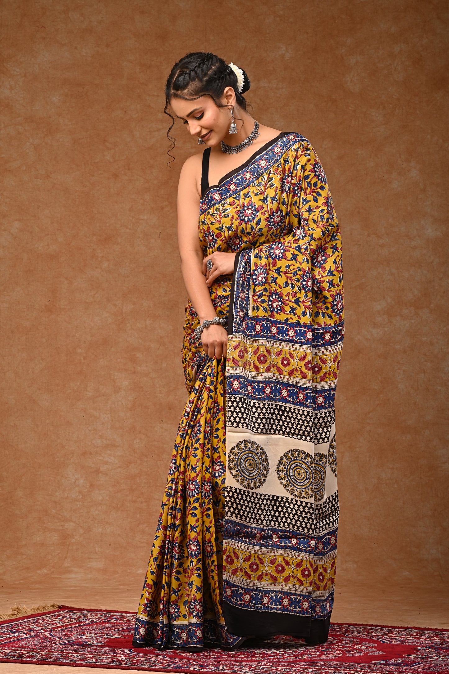 Modal Silk sarees with Bagru traditional hand-block prints that include matching blouse pieces