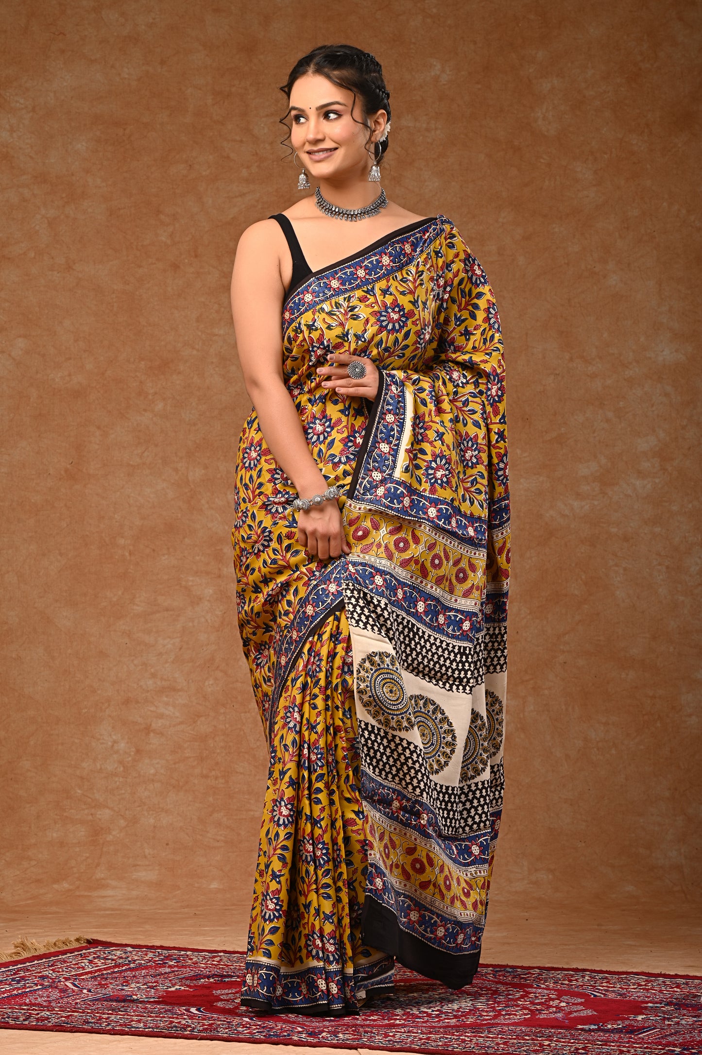 Modal Silk sarees with Bagru traditional hand-block prints that include matching blouse pieces
