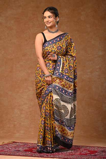 Modal Silk sarees with Bagru traditional hand-block prints that include matching blouse pieces