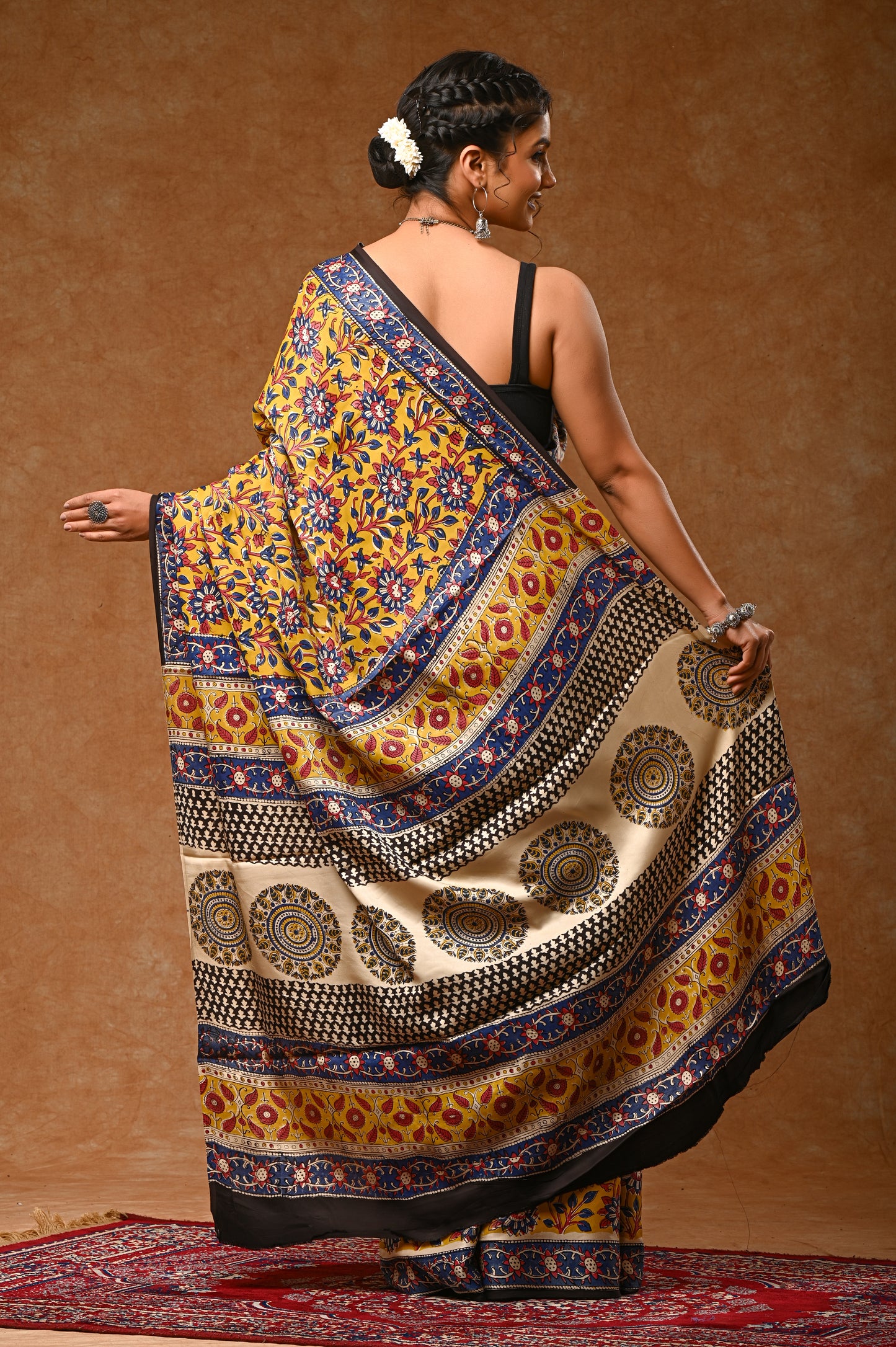 Modal Silk sarees with Bagru traditional hand-block prints that include matching blouse pieces