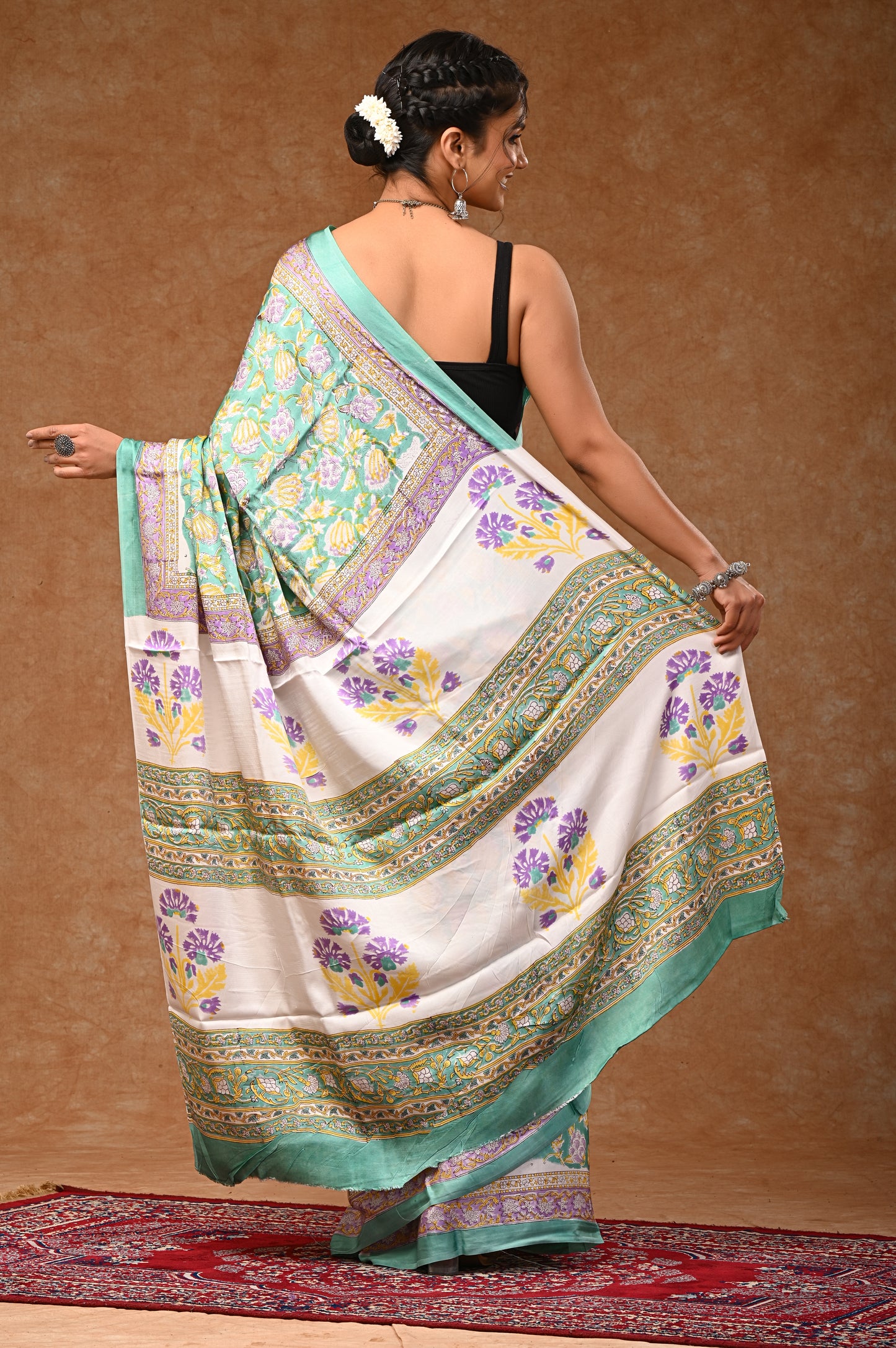 Modal Silk saree options with hand-block prints Modal Silk saree options with hand-block prints