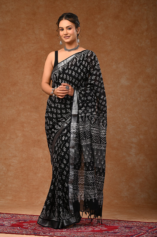 Lilen Cotton Saree With Bloues Hand Block Prints Black Whaith