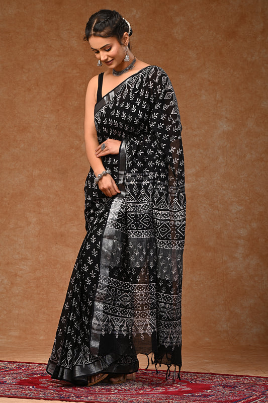 Lilen Cotton Saree With Bloues Hand Block Prints Black Whaith