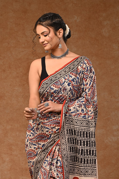 Cotton Saree With Bloues Pure Kalmkari bagru desing