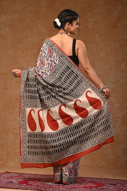 Cotton Saree With Bloues Pure Kalmkari bagru desing
