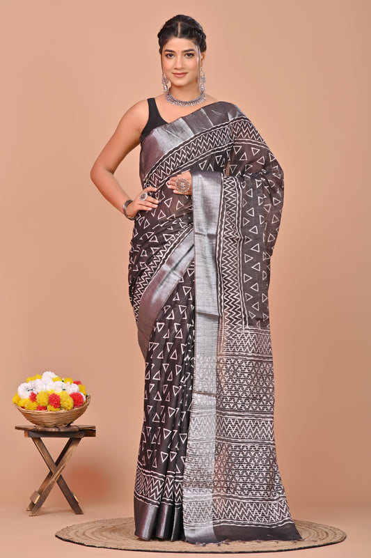 Tissue Silk Saree Silver Zari Broder Soft Hand Block Print Block/Whait