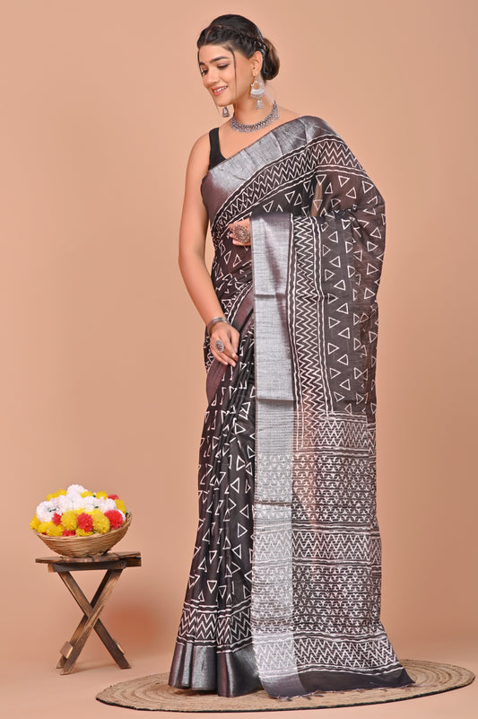 Tissue Silk Saree Silver Zari Broder Soft Hand Block Print Block/Whait
