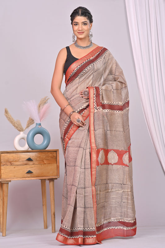 Saree Golden Zari Maheshwari Silk With Bloues