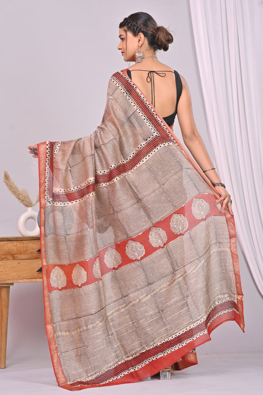 Saree Golden Zari Maheshwari Silk With Bloues