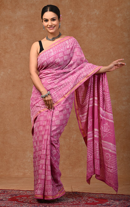 Bagru hand block printed Pure MUL COTTON ZARI SAREE WITH BLOUSE