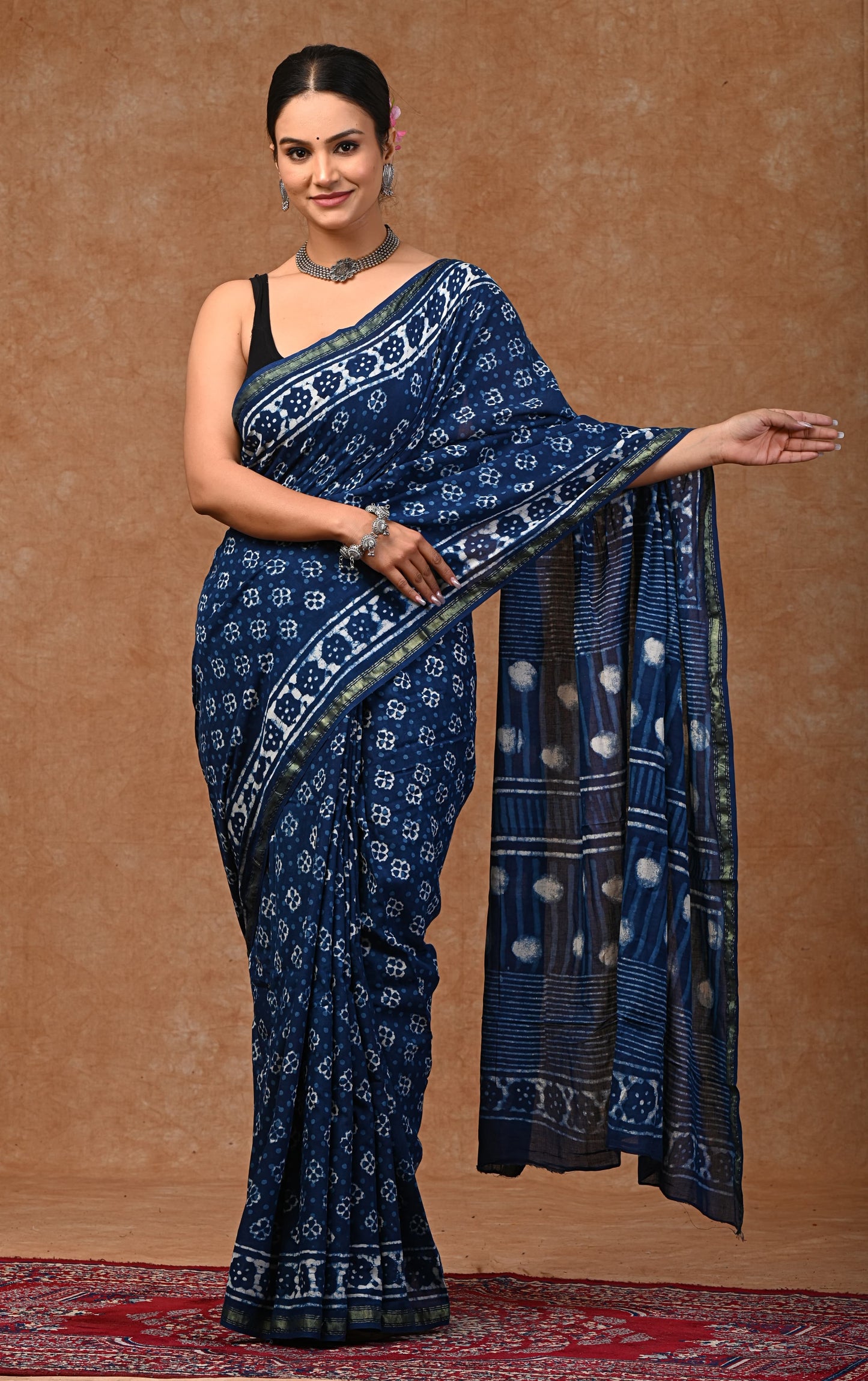 Bagru hand block printed Pure MUL COTTON ZARI SAREE WITH BLOUSE
