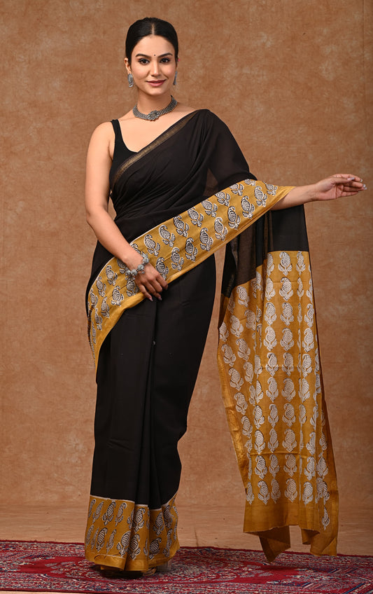 Bagru hand block printed Pure MUL COTTON ZARI SAREE WITH BLOUSE