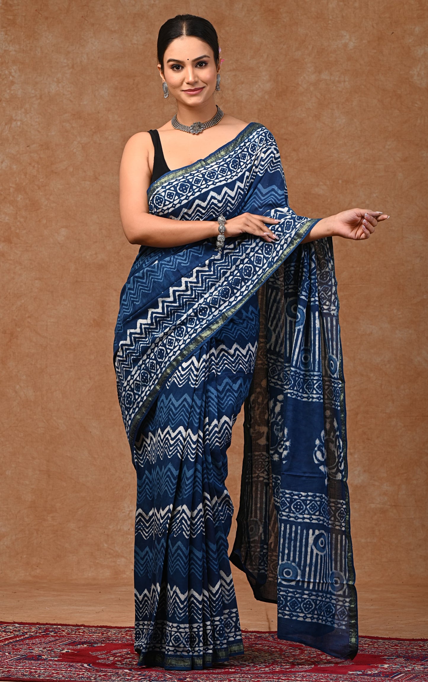 Bagru hand block printed Pure MUL COTTON ZARI SAREE WITH BLOUSE