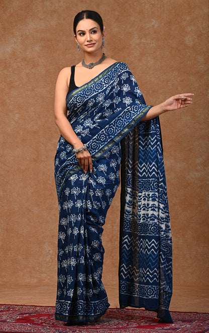 Bagru hand block printed Pure MUL COTTON ZARI SAREE WITH BLOUSE