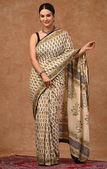 Mulmul Cotton Screen Print Saree with Blouse