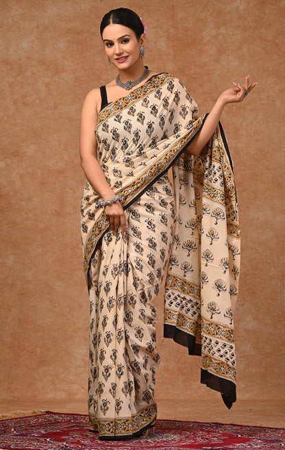 Mulmul Cotton Screen Print Saree with Blouse