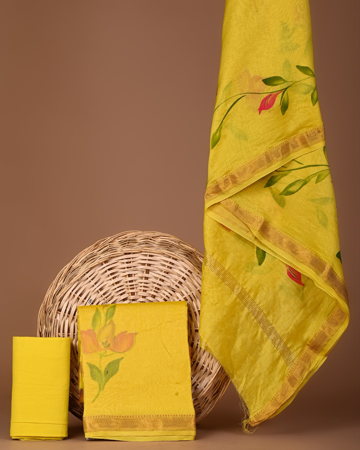 Hand block printed suits with maheshwari silk Dupatta