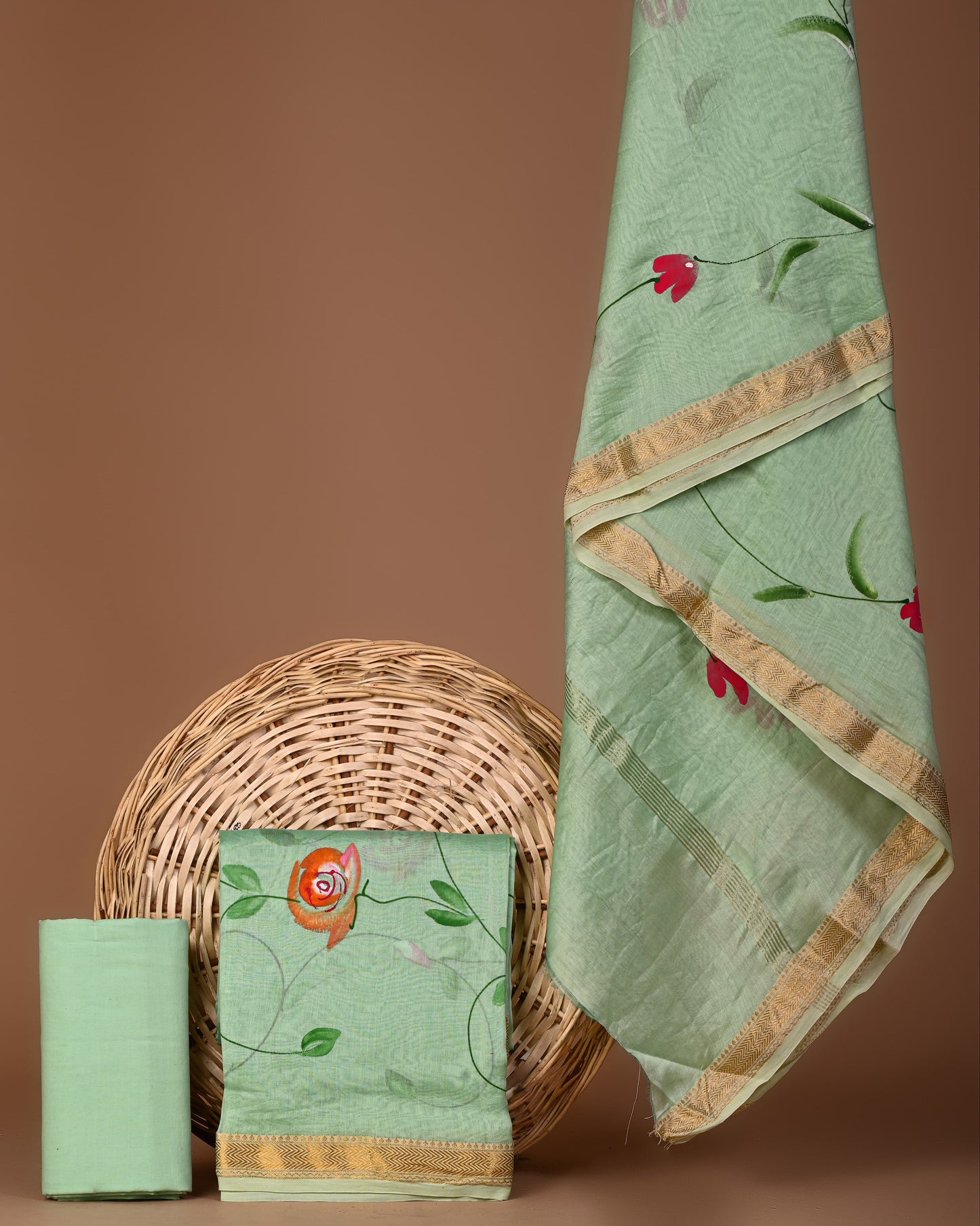 Hand block printed suits with maheshwari silk Dupatta
